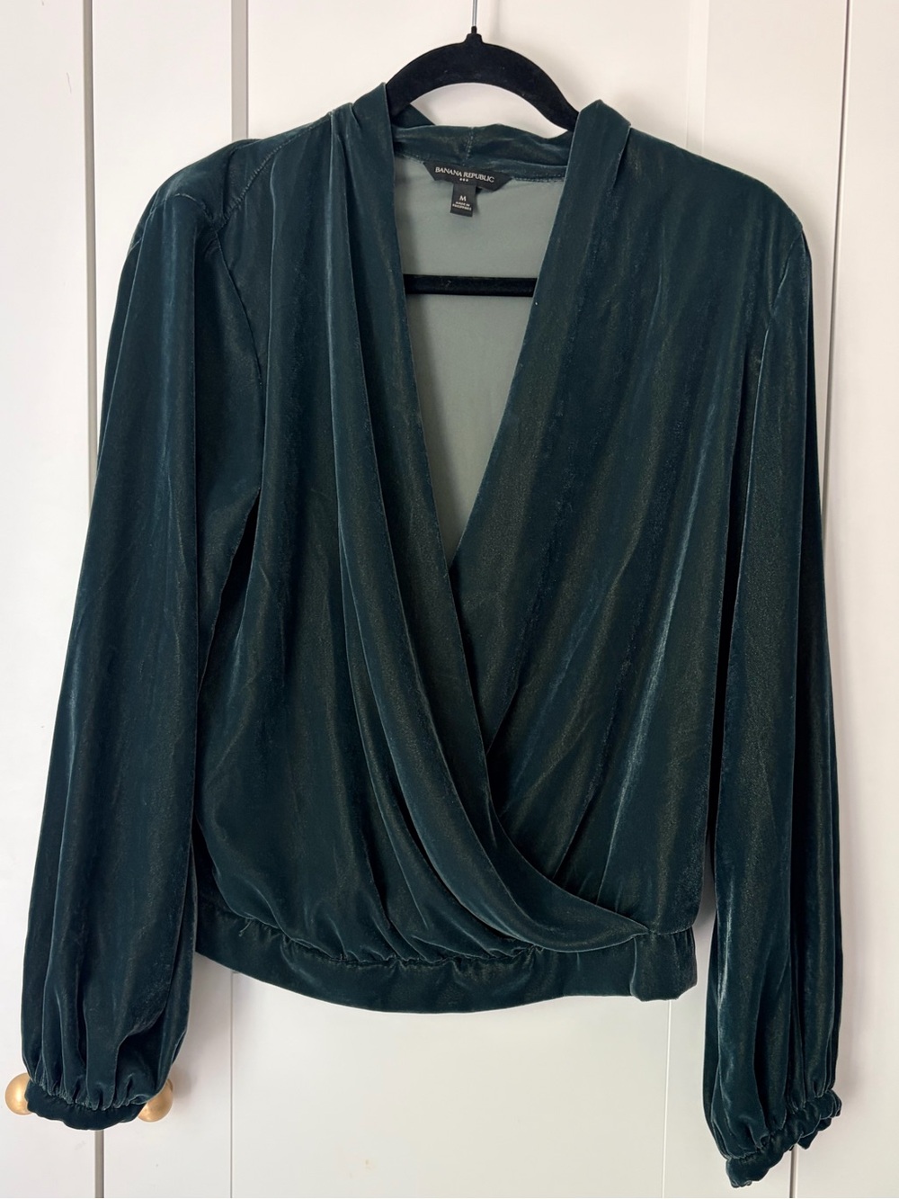 Banana Republic Dark Green Velvet Long Sleeve Faux Wrap Blouse | M